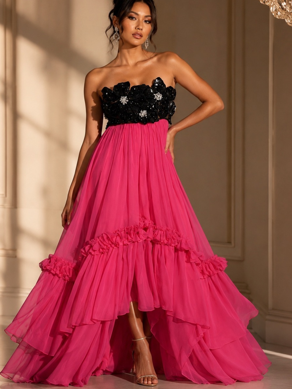 PatBO Runway Hand-Beaded Strapless Pink Black Floral Bustier Maxi Dress NWT 10